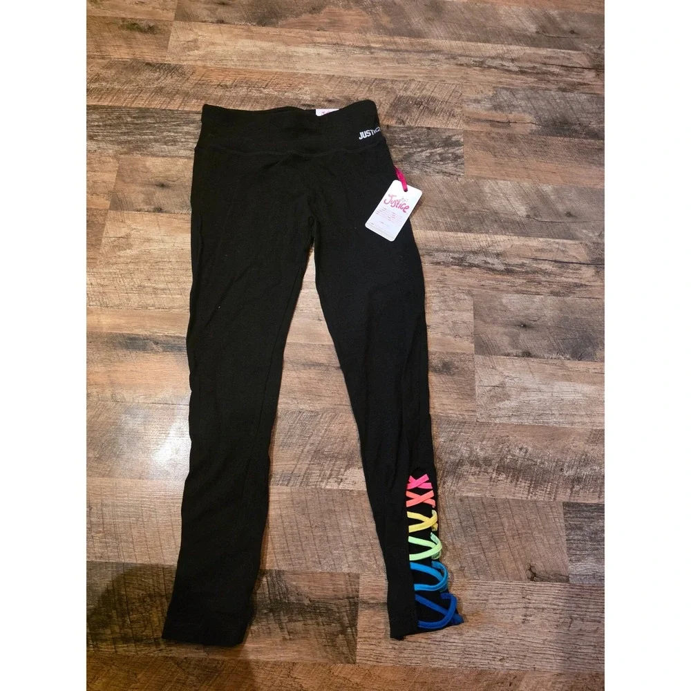 Justice Girls Black Ankle Leggings Rainbow Lace Up Detail Size L 12/14 NWT